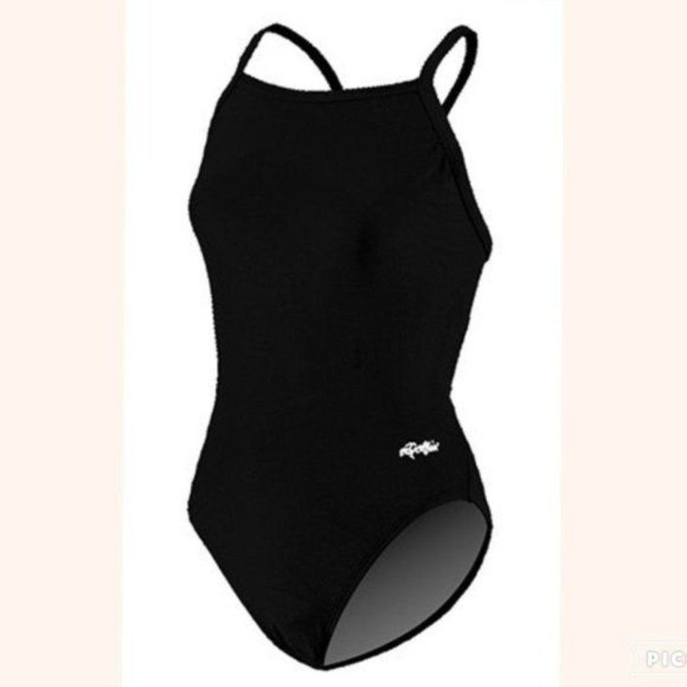 Dolfin Girl's Racing Swimsuit Solid V-2 Back- Black- Size 24 (Kids 6-8) NWT!